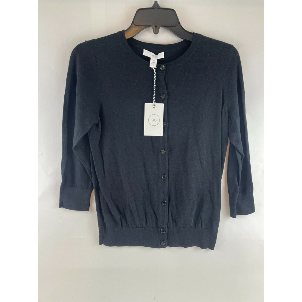 1901 Cardigan Sweater Women's Size XS Black 3/4 Sleeves Buttoned Crewneck NWT